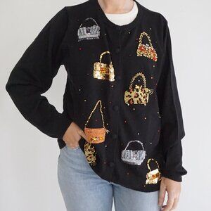 Absolutely Fabulous Black w Gold Beaded Purse Motif Glam 90s Sweater L
